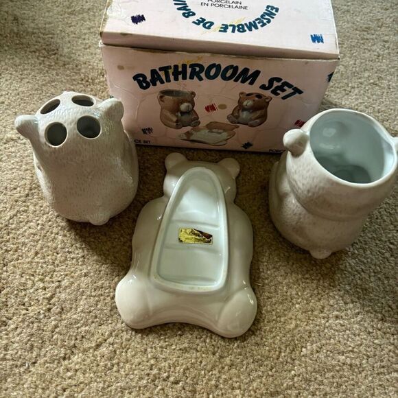Vintage Porcelain Bear 3 Piece Bathroom Set 1987 Japan - Picture 6 of 11